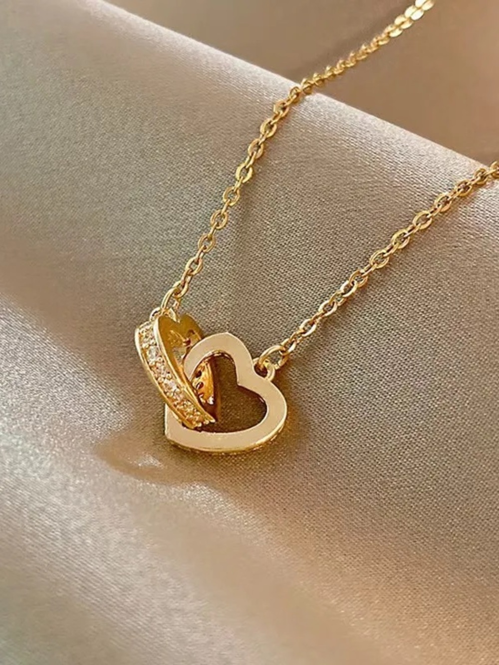 18K Stainless Steel Double Heart Pendant Necklace -Inlay Artificial Rhinestones